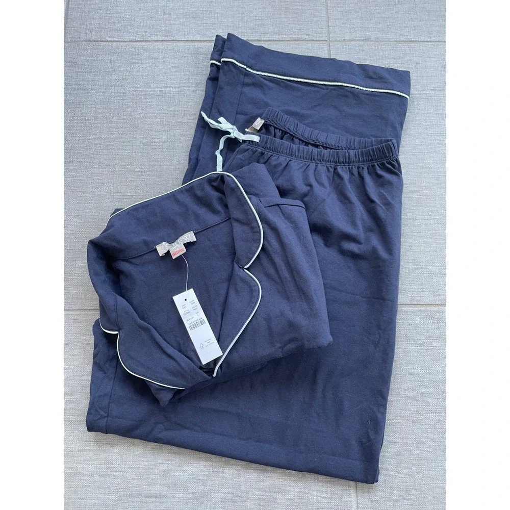J.Crew Dreamy Cotton-blend Pajama Pant Set Navy Blue Large NEW Lounge CC660